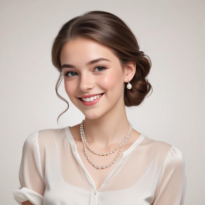 Smile of elegance from a young woman with pearls