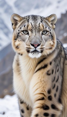 Snow leopard resting in the mountains during winter months