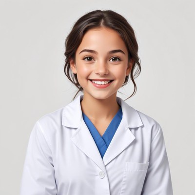 Smiling medical professional in a lab coat with a blue shirt