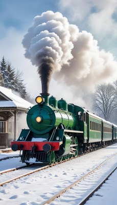 Historic steam train travels through a snowy landscape
