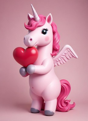 Cute unicorn holding a red heart on a pink background