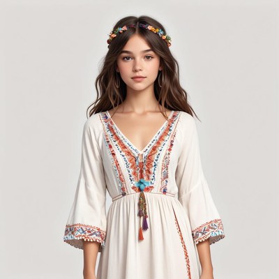 Young girl in bohemian dress with floral accessories