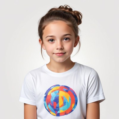 Young girl wearing colorful t-shirt with graphic design
