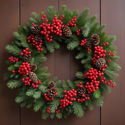 Festive wreath with red berries and pinecones for decoration
