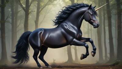 Majestic black unicorn in a misty forest setting