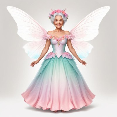 Elderly fairy dressed in pastel gown with large wings