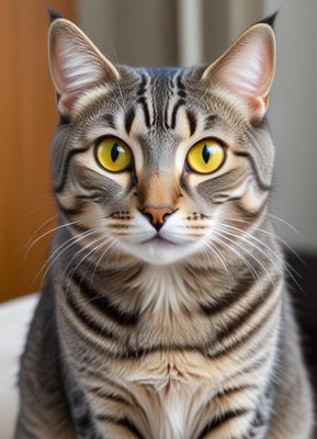 Beautiful cat with striking yellow eyes sits calmly