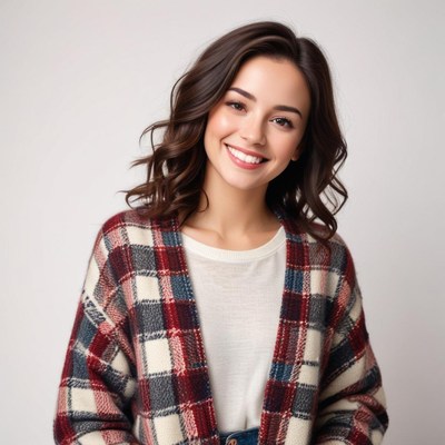 Smiling woman wearing a cozy checkered sweater indoors