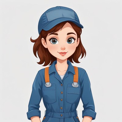 Cute female mechanic in blue uniform with cap