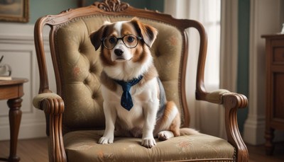 Dog wearing glasses sits on an antique chair