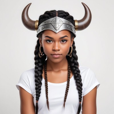 Young woman wears horned headpiece in modern style