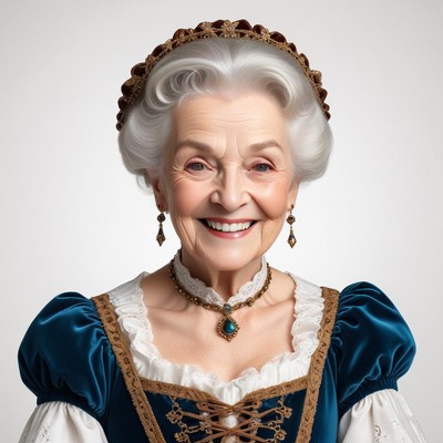 Elegant elderly woman in historic costume smiling warmly