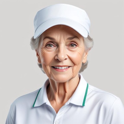 Smiling elderly woman wearing a cap and white shirt
