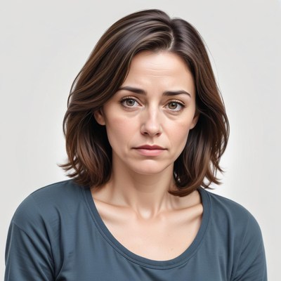 A woman with brown hair looks directly at the viewer