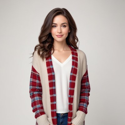 Smiling woman in cozy cardigan poses for casual portrait