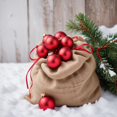 Red christmas ornaments in a burlap bag on snow