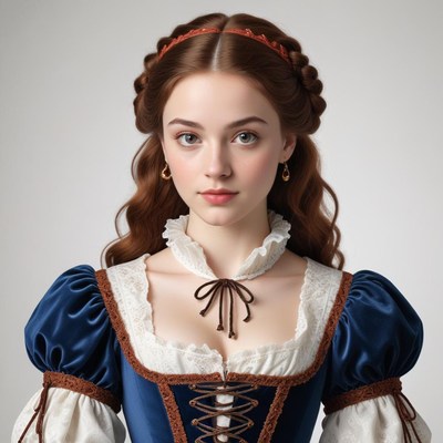 Girl wearing historical dress with elegant hairstyle indoors