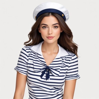 Woman in sailor outfit and hat posing confidently