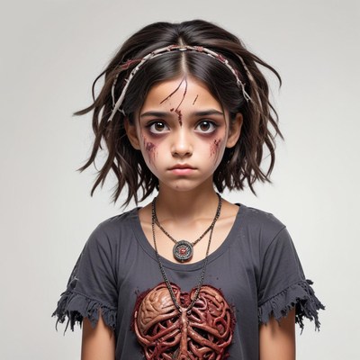 Young girl in creative horror costume with unique makeup