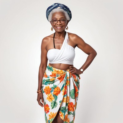 Elderly woman in tropical attire poses confidently