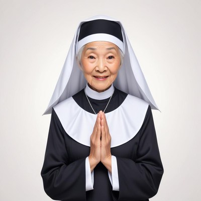 Elderly nun smiling with hands joined in prayer