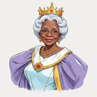 Elderly queen in glasses and a regal outfit