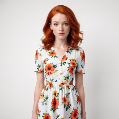 Model with red hair in floral dress against plain background