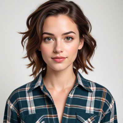 Young woman with short hair wearing plaid shirt indoors