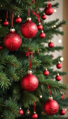Red ornaments on green christmas tree branches