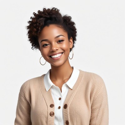 Smiling woman with curly hair wearing a cozy cardigan