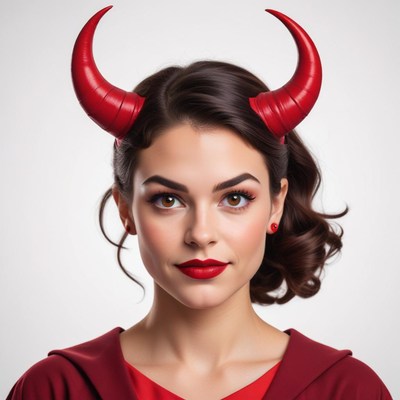 Young woman with red horns and bold makeup in costume