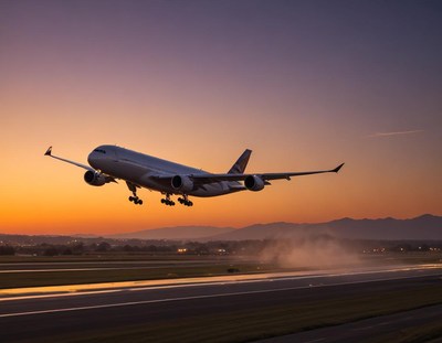 Airplane taking off against a beautiful sunset sky