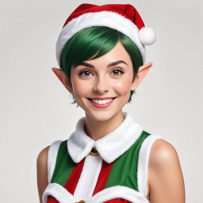 Cheerful elf with green hair and santa hat smiles joyfully