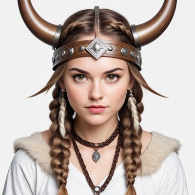 Viking warrior woman with braided hair and horned helmet