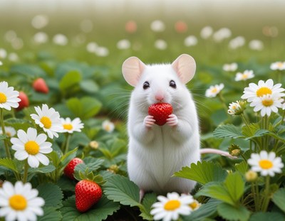 Cute mouse enjoying strawberries in a flower field
