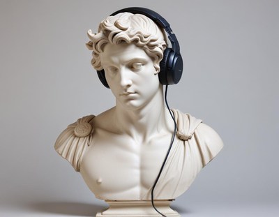 Modern sculpture of a classical bust with headphones