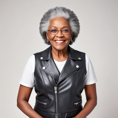 Elderly woman smiling in stylish black leather vest