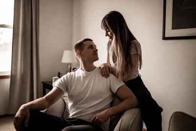 Couple enjoying quality time at home in living room
