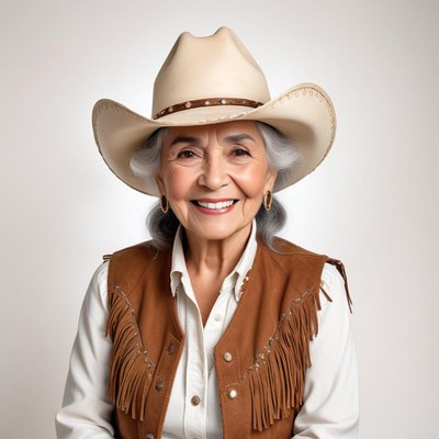 Elderly woman in cowboy hat smiles warmly in rustic style