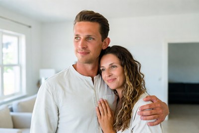 Couple sharing a moment in bright, modern living room