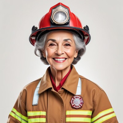 Older woman firefighter smiling proudly in uniform