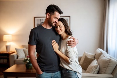 Couple sharing a loving moment in cozy living room