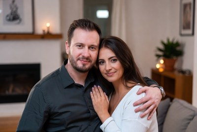 Couple poses warmly in living room setting