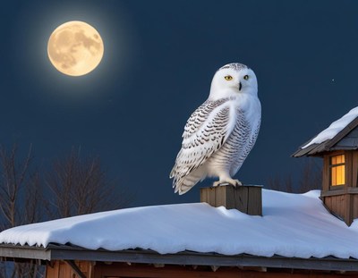 Snowy owl perched on roof during full moon at night