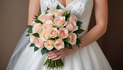 Bride holding a bouquet of roses in wedding dress