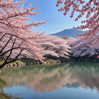 Cherry blossoms reflect on calm lake in springtime park