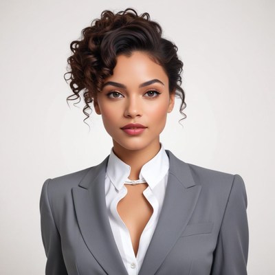 Stylish woman in a gray suit with curly hair