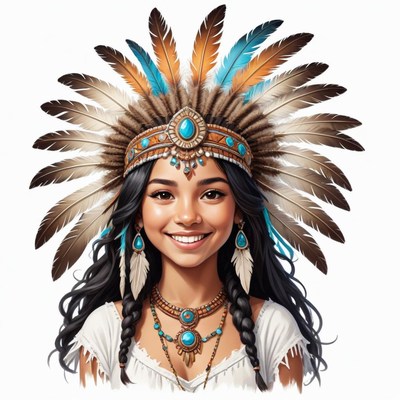Smiling girl wearing traditional feather headdress