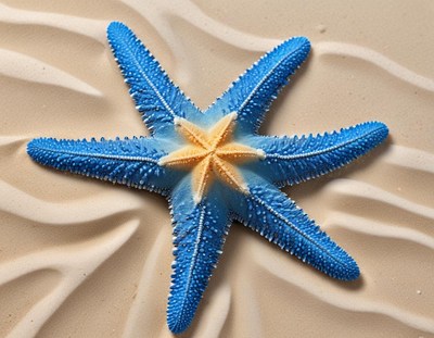 Colorful starfish resting on sandy beach at low tide