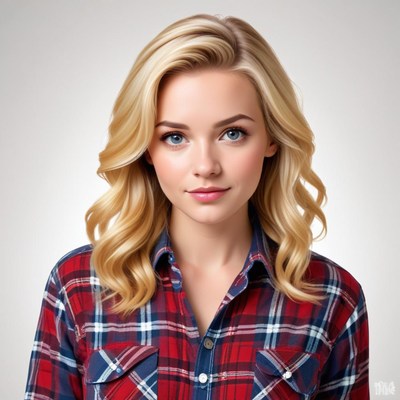 Young woman in plaid shirt with soft waves hairstyle